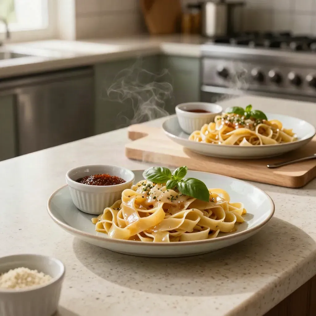 Due piatti di pasta senza glutine con salse separate su marmo chiaro e vapore sottile