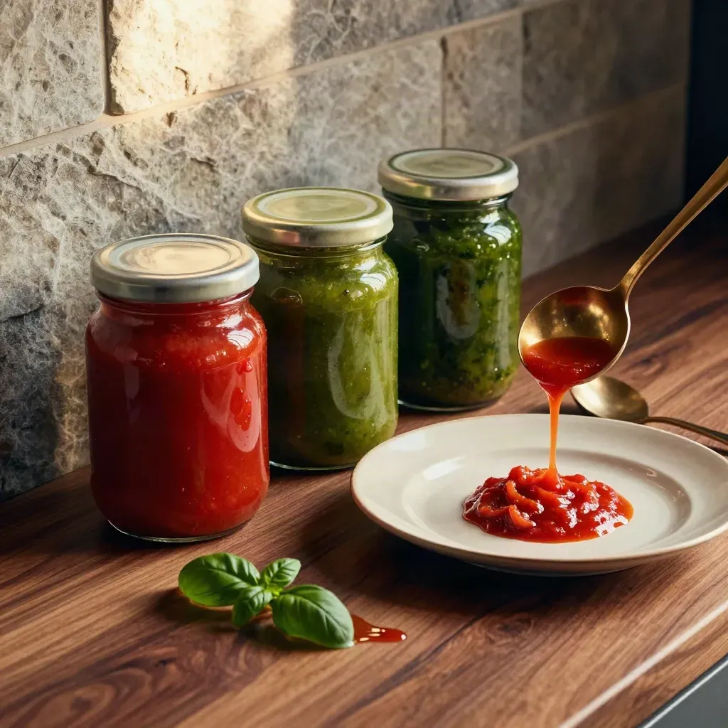 Tre vasetti di sughi con mestolo e cucchiai, una salsa cola in un piatto di ceramica.