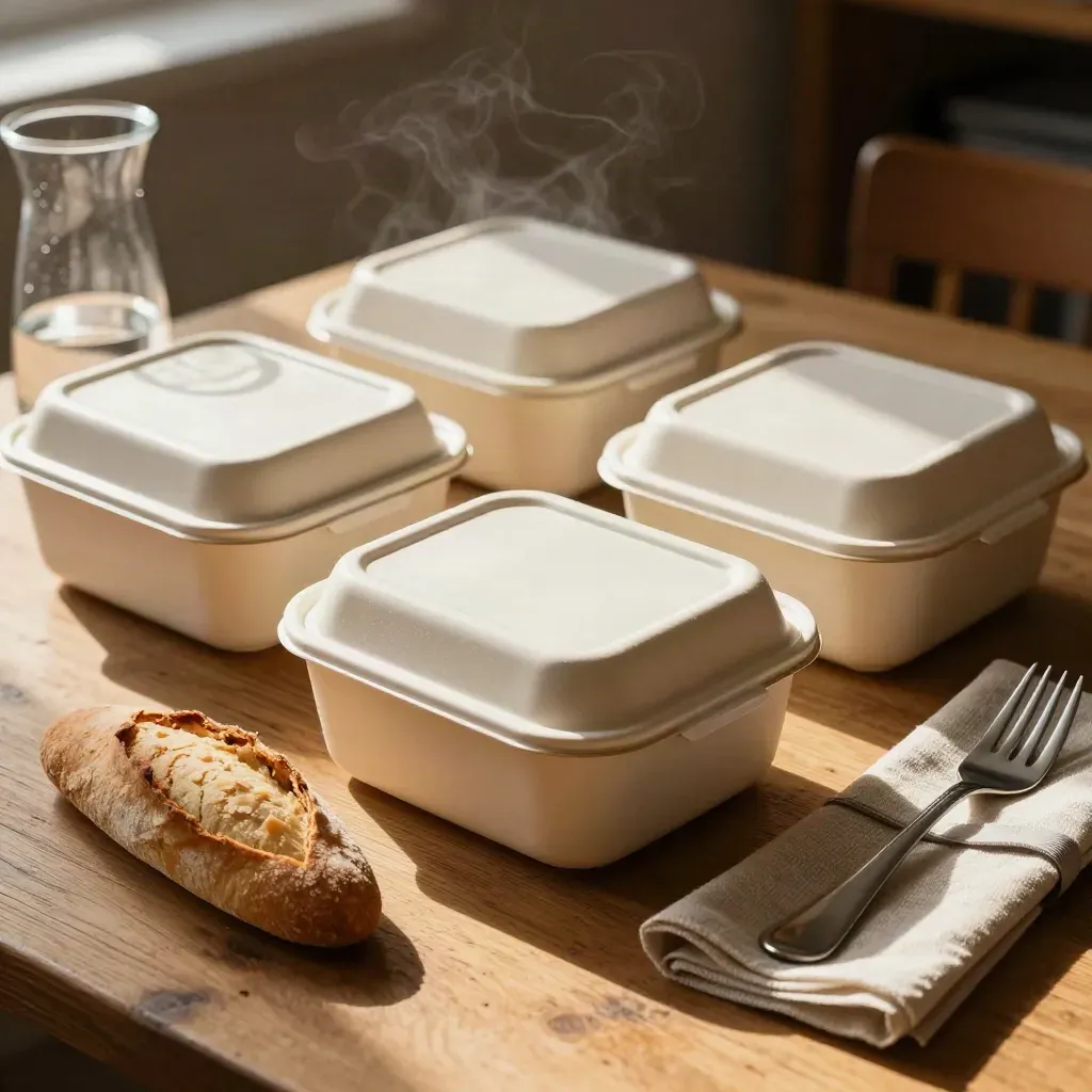 Sei box pranzo chiusi con caraffa d'acqua, michetta e posate su tavolo condiviso.
