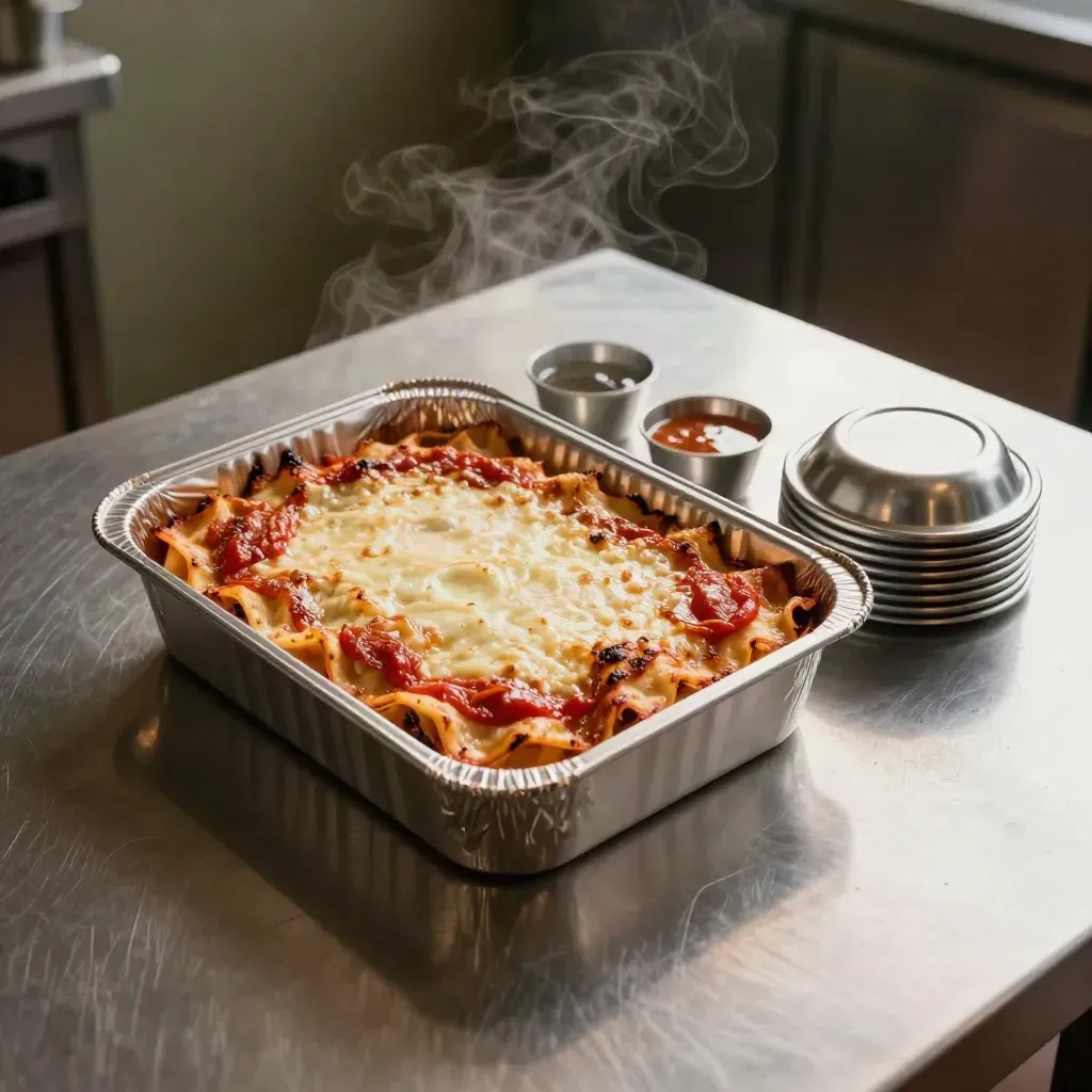 Vassoio catering in alluminio con pasta al forno, salse e coperchi su banco inox, luce cinematica.
