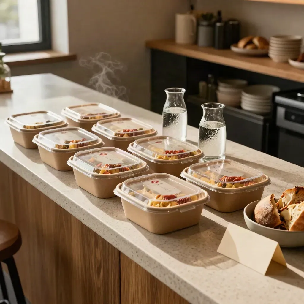 Dodici box di pasta allineati su un bancone coworking con caraffe d’acqua e ciotole di pane.