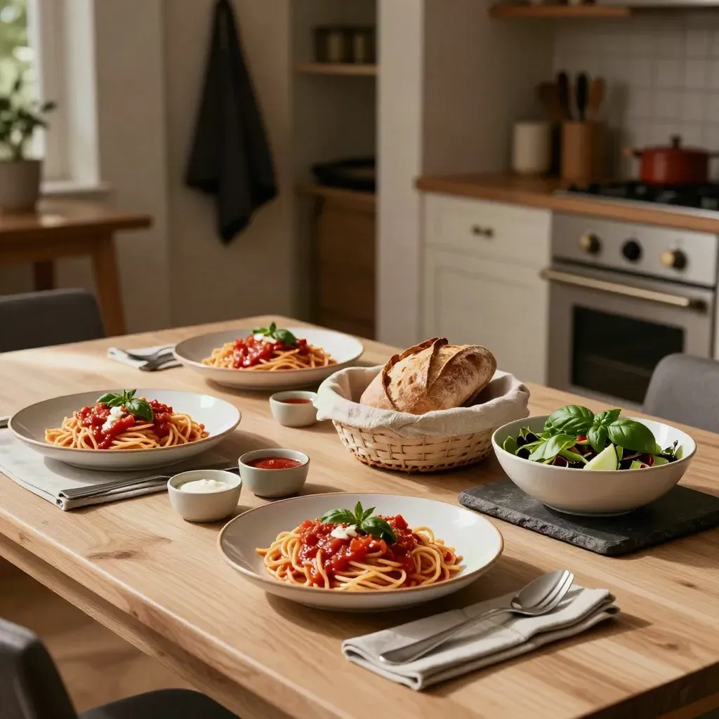 Tavola di casa apparecchiata con quattro piatti di pasta, salse, pane e insalata al basilico.