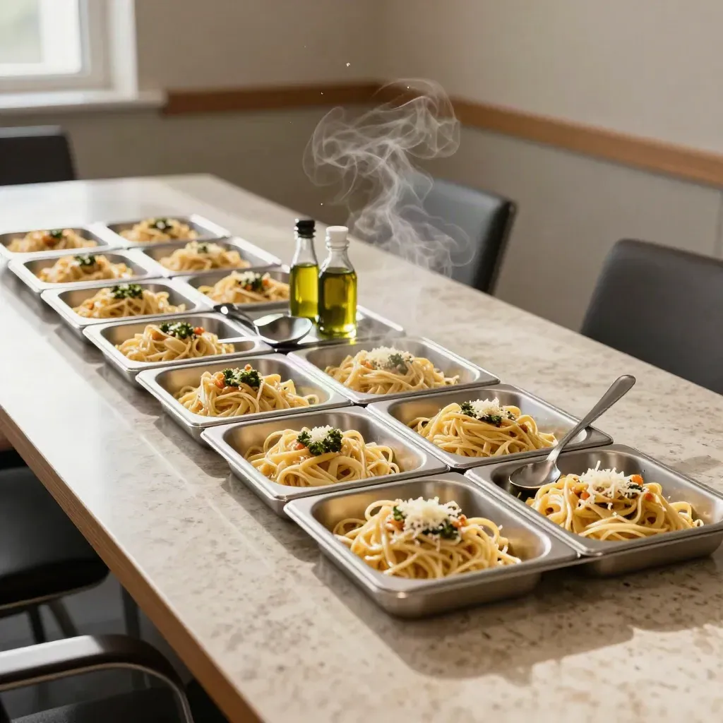 Tray catering per ufficio con pasta, coperchi aperti e condimenti su tavolo neutro.