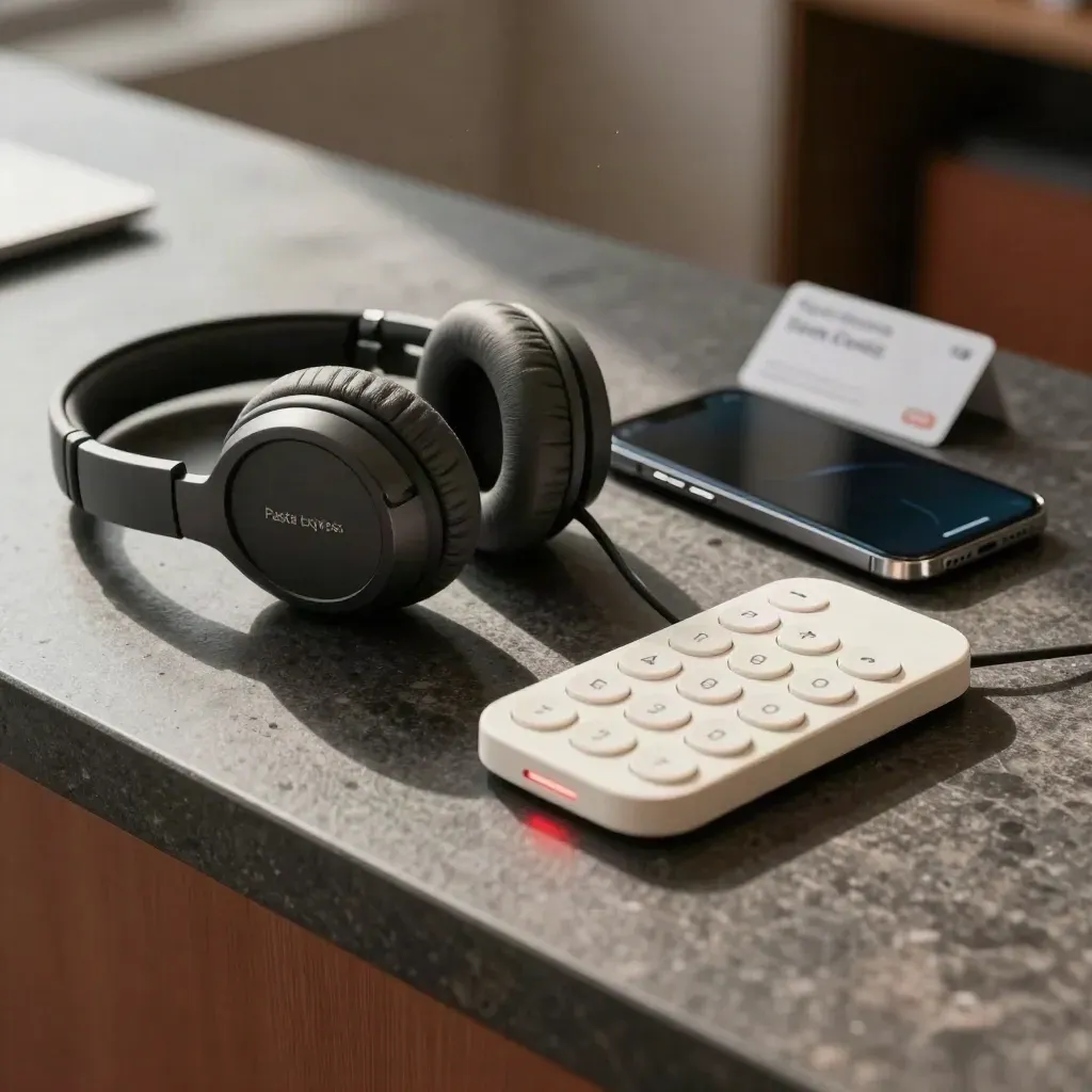 Postazione clienti con headset, smartphone spento, base di ricarica e tastierino su piano scuro.