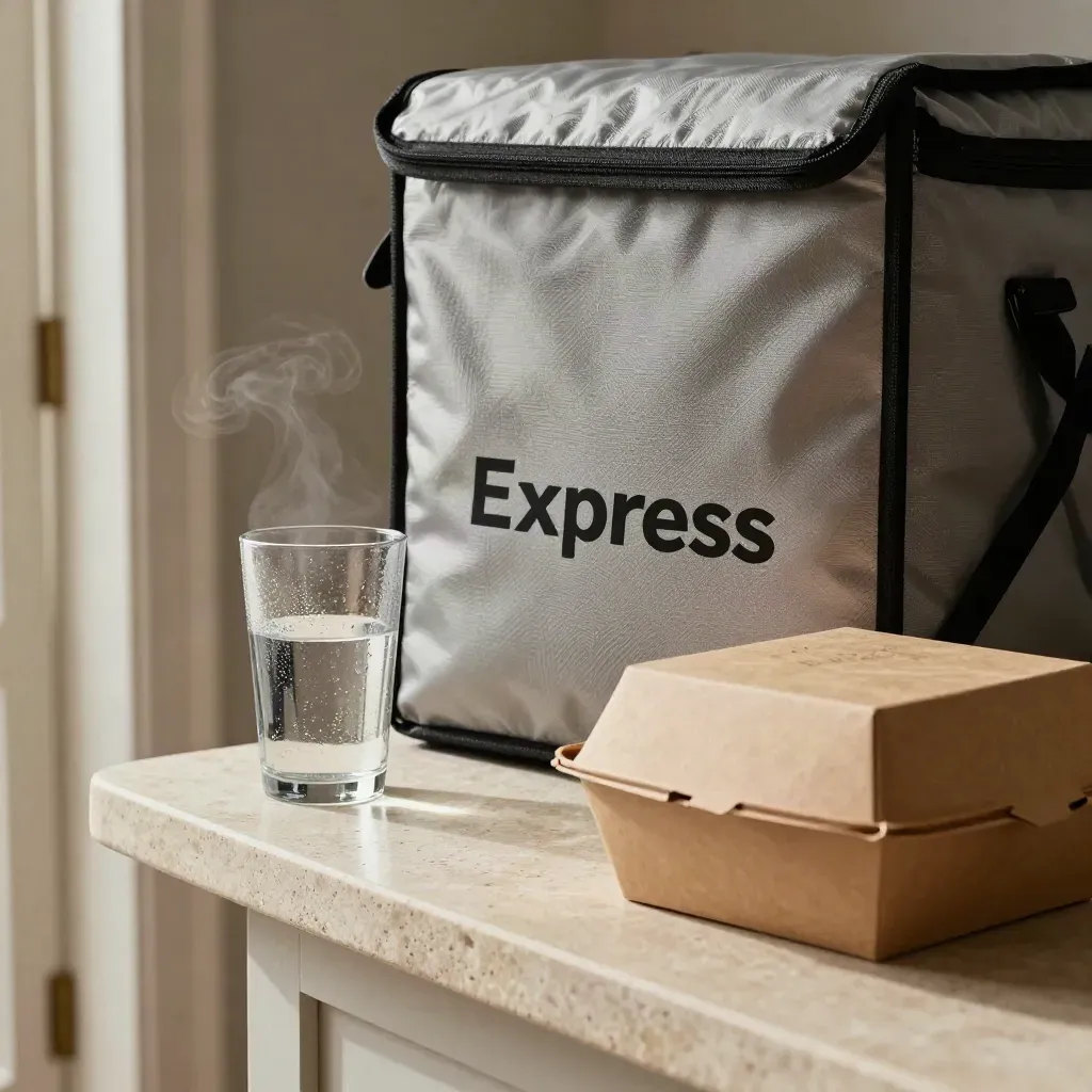 Borsa termica, box caldo e bicchiere d’acqua su banco in pietra, vicino a una porta aperta.