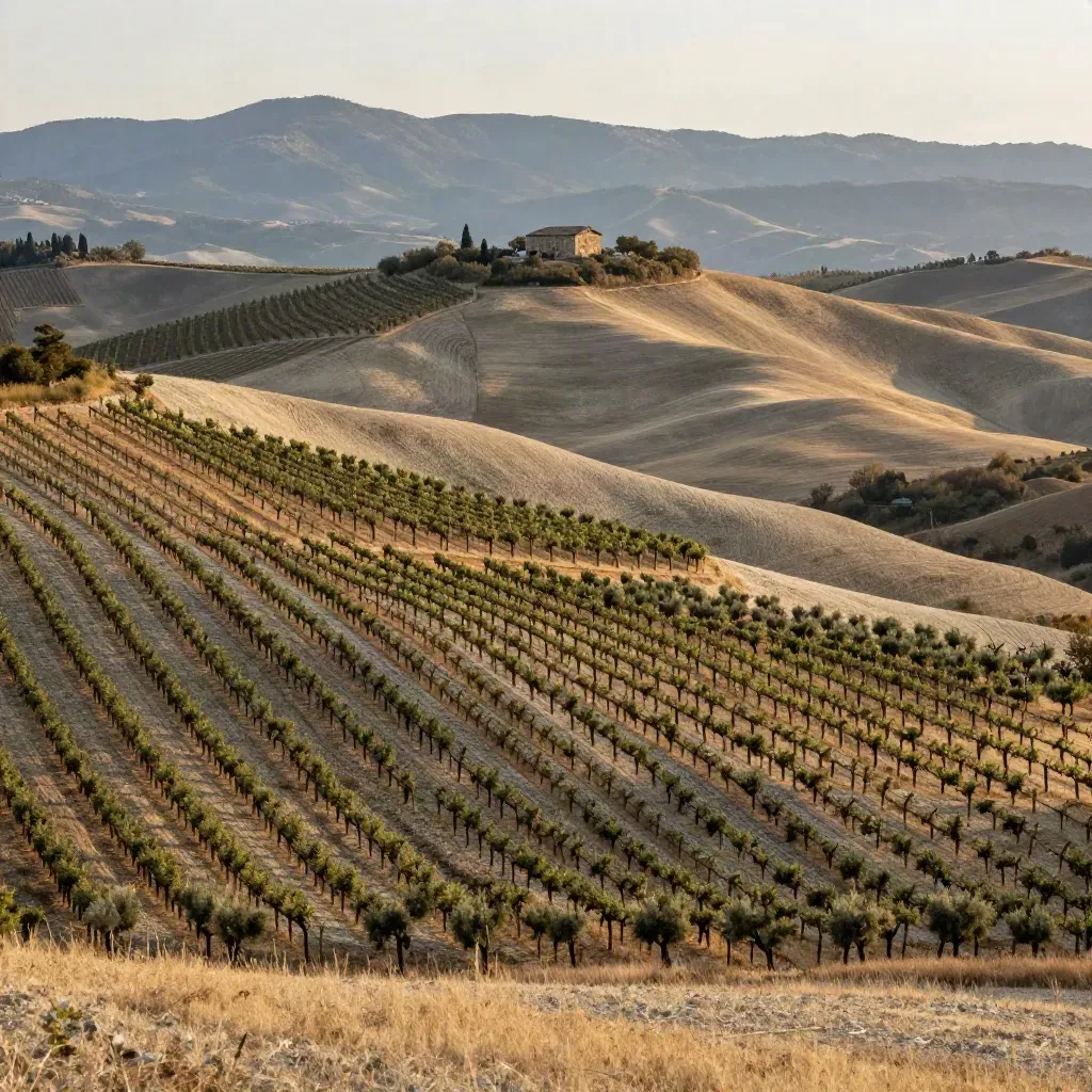 Colline delle Langhe con filari, cascina lontana e Alpi sfumate nella luce del tardo pomeriggio.
