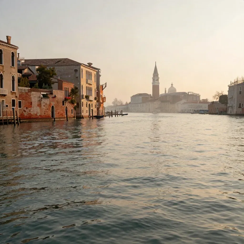 Laguna veneziana al tramonto con campanile lontano e acqua calma riflettente.
