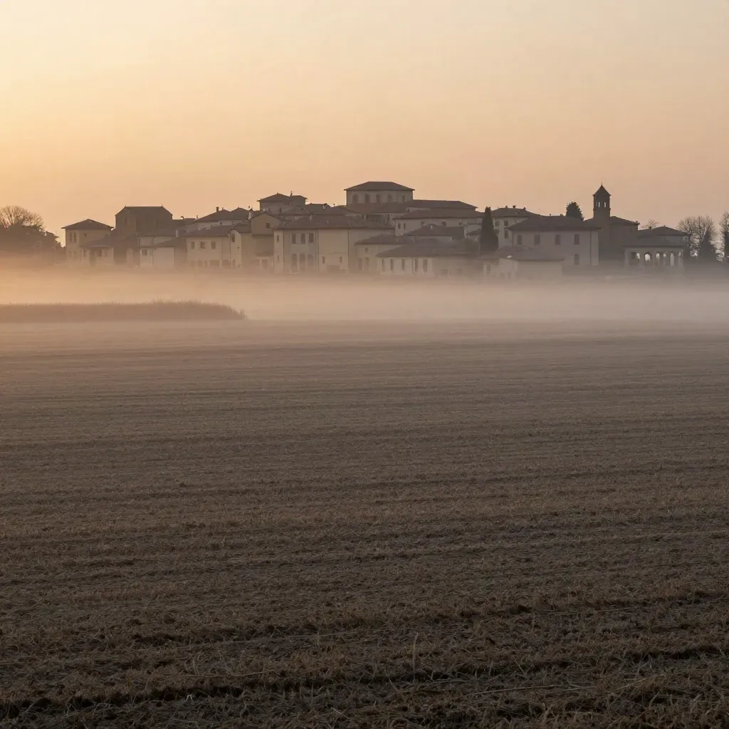 Pianura emiliana all’alba con portici lontani e foschia ambrata